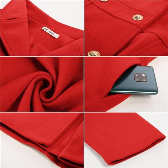 Women's Trench Coat Notch Lapel Double Breasted Thick A Line Pea Coat, Red - Picture 5 of 6